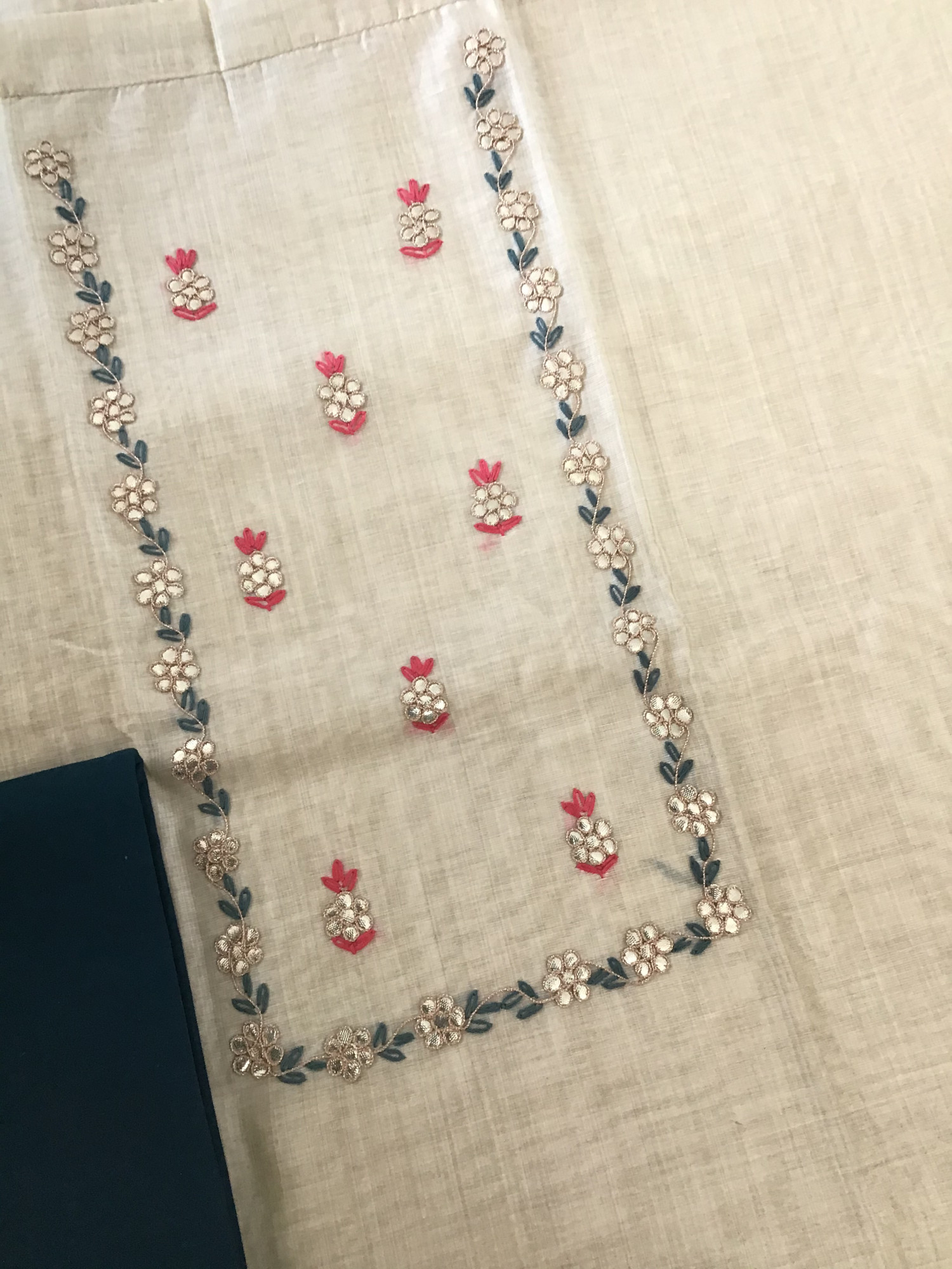 Soft Slub Chanderi Printed Embroidered Suit - Beige