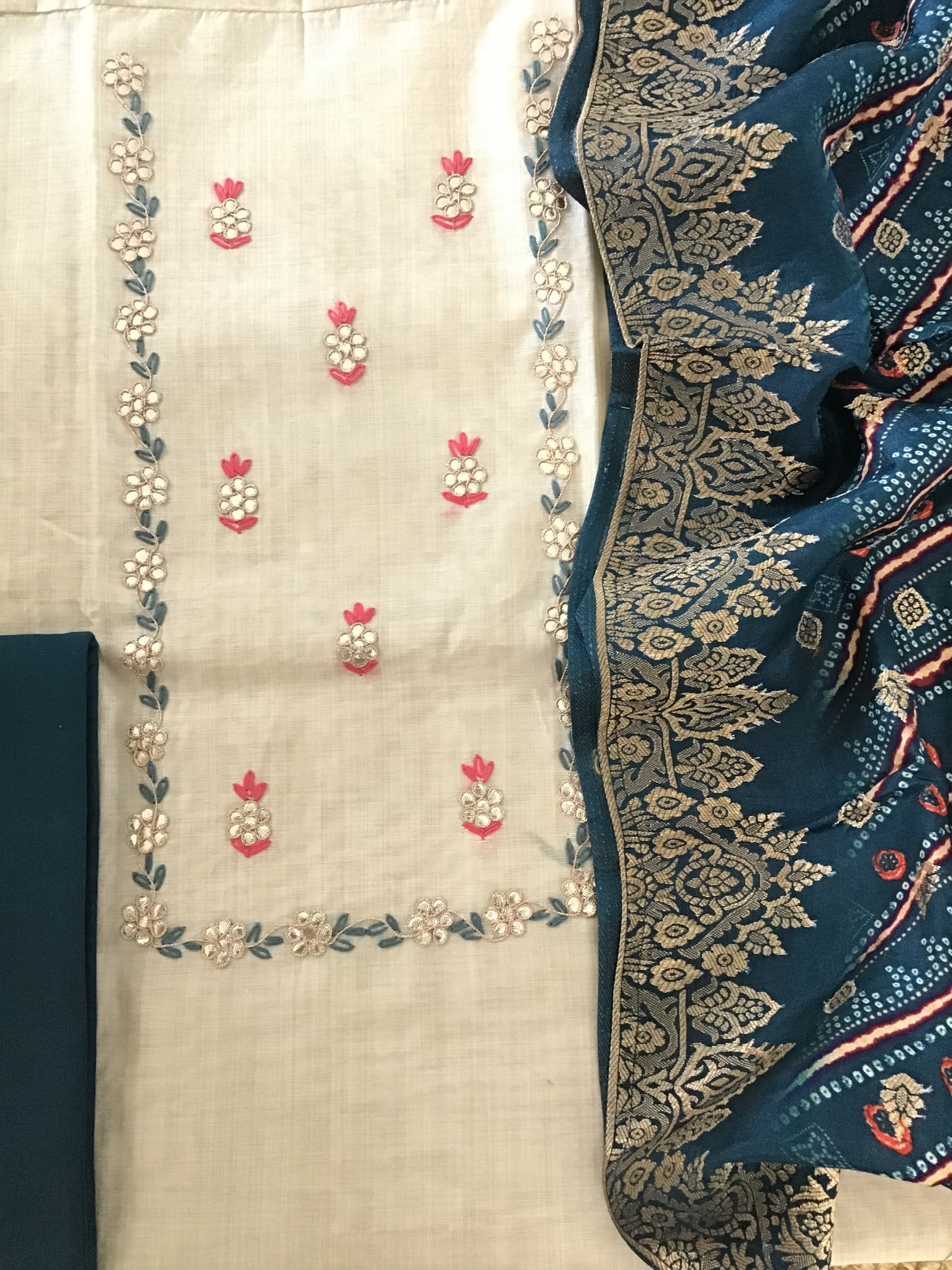 Soft Slub Chanderi Printed Embroidered Suit - Beige