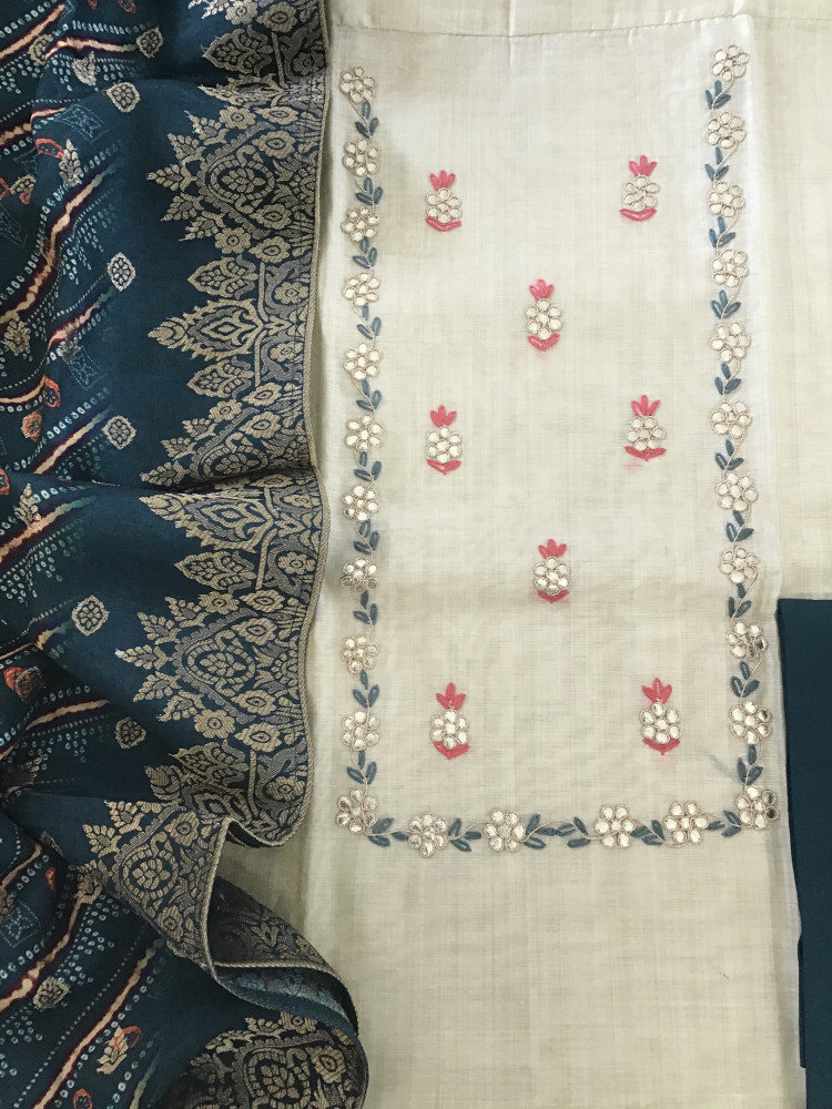 Image of Soft Slub Chanderi Printed Embroidered Suit - Beige