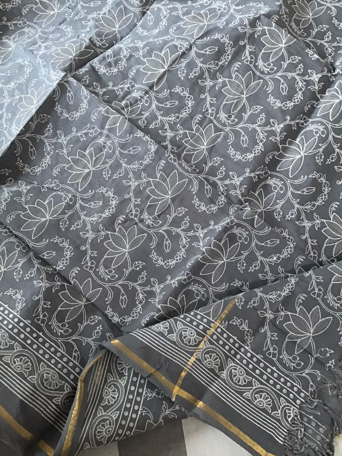 Pure Handloom Cotton Printed Suit - Grey