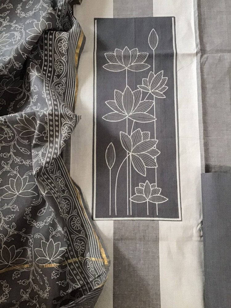 Image of Pure Handloom Cotton Printed Suit - Grey