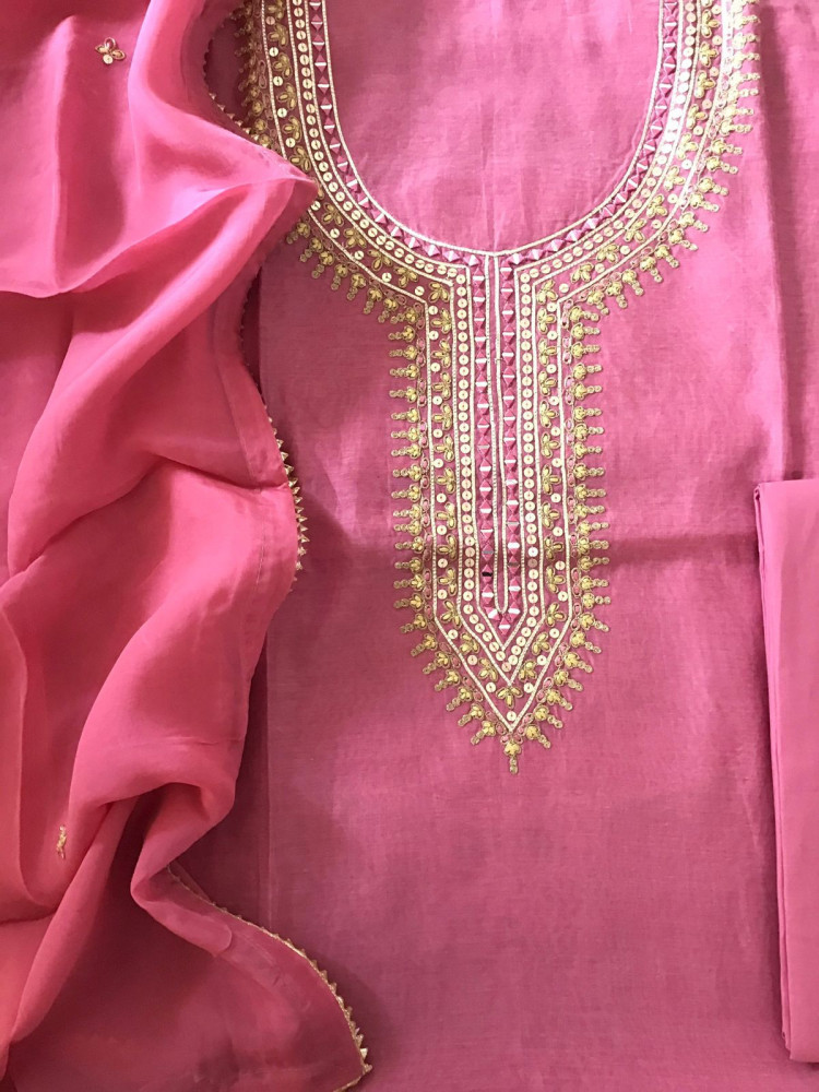 Image of Soft Chanderi Embroidered Suit - Pink