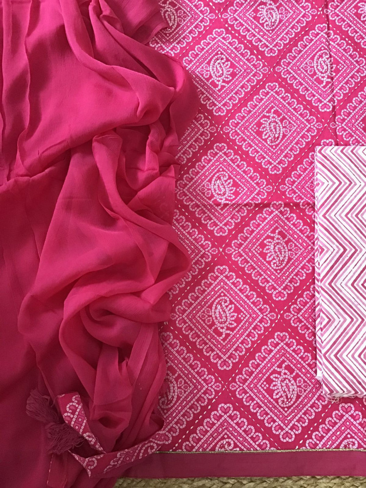 Image of Pure Cotton Printed Embroidered Suit - Pink