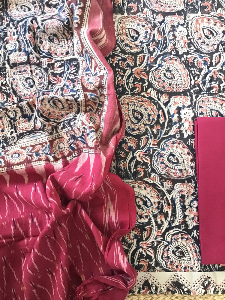 Image of Pure Cotton Printed Embroidered Suit -Black