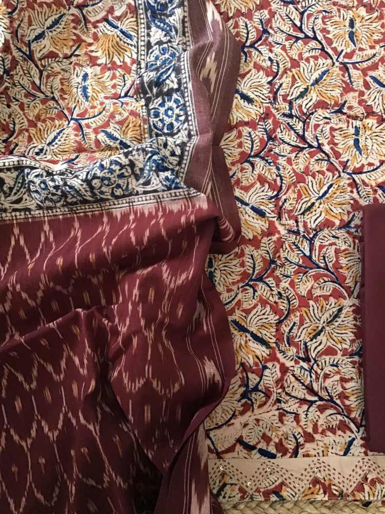 Image of Pure Cotton Printed Embroidered Suit -Maroon