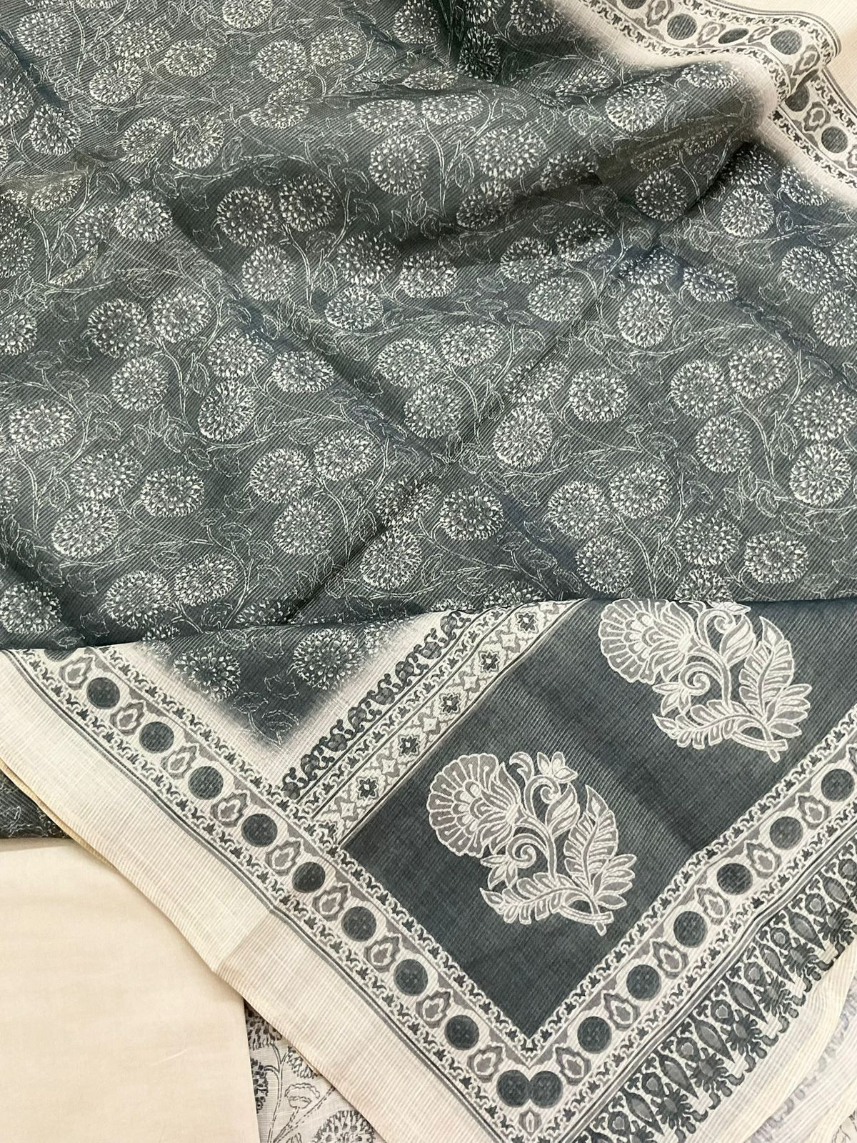 Soft Tissue Slub Cotton Printed Embroidered Suit - Beige