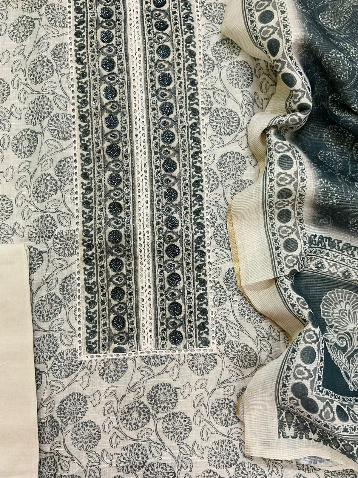 Soft Tissue Slub Cotton Printed Embroidered Suit - Beige