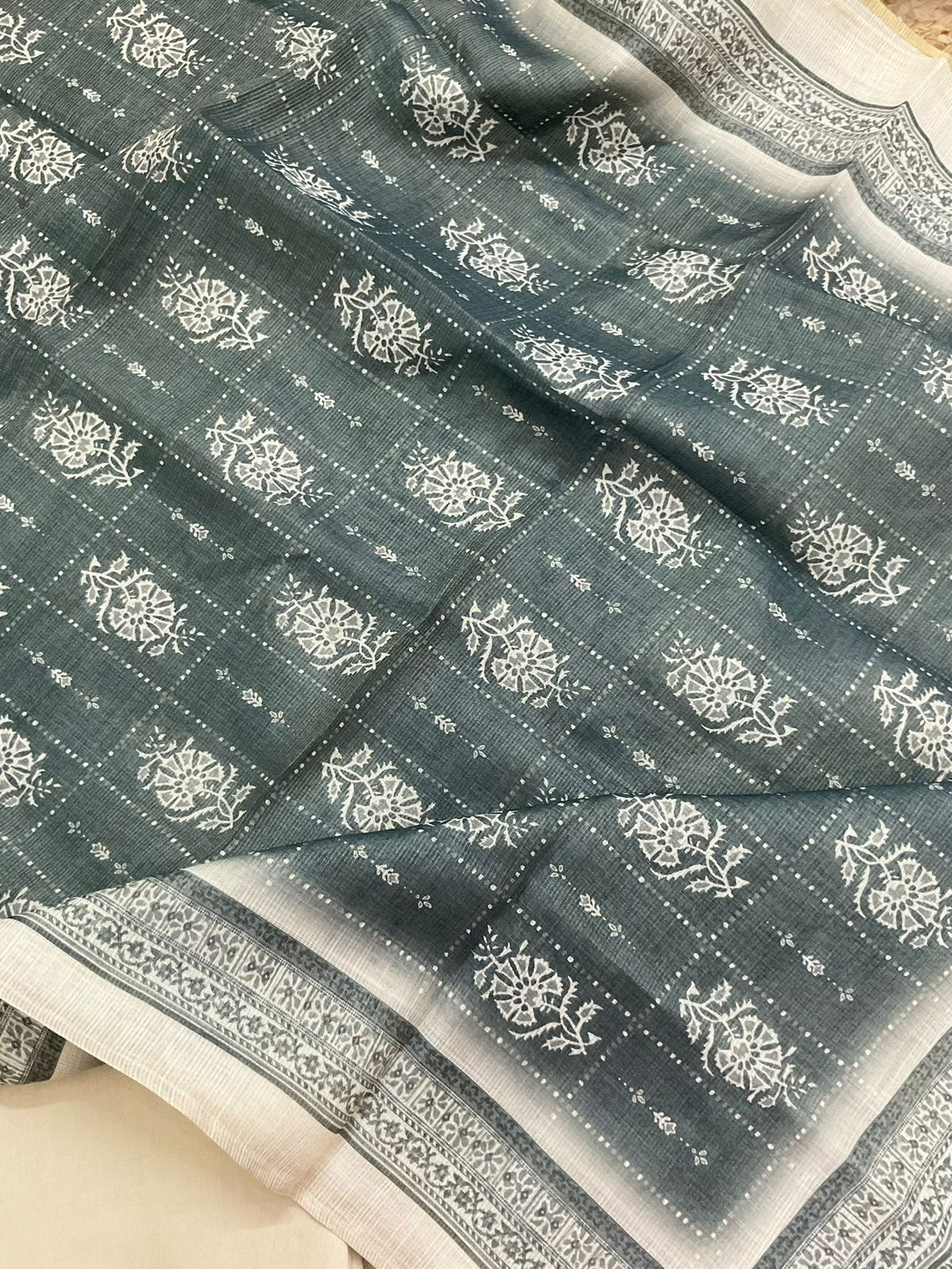 Soft Tissue Slub Cotton Printed Embroidered Suit - Beige