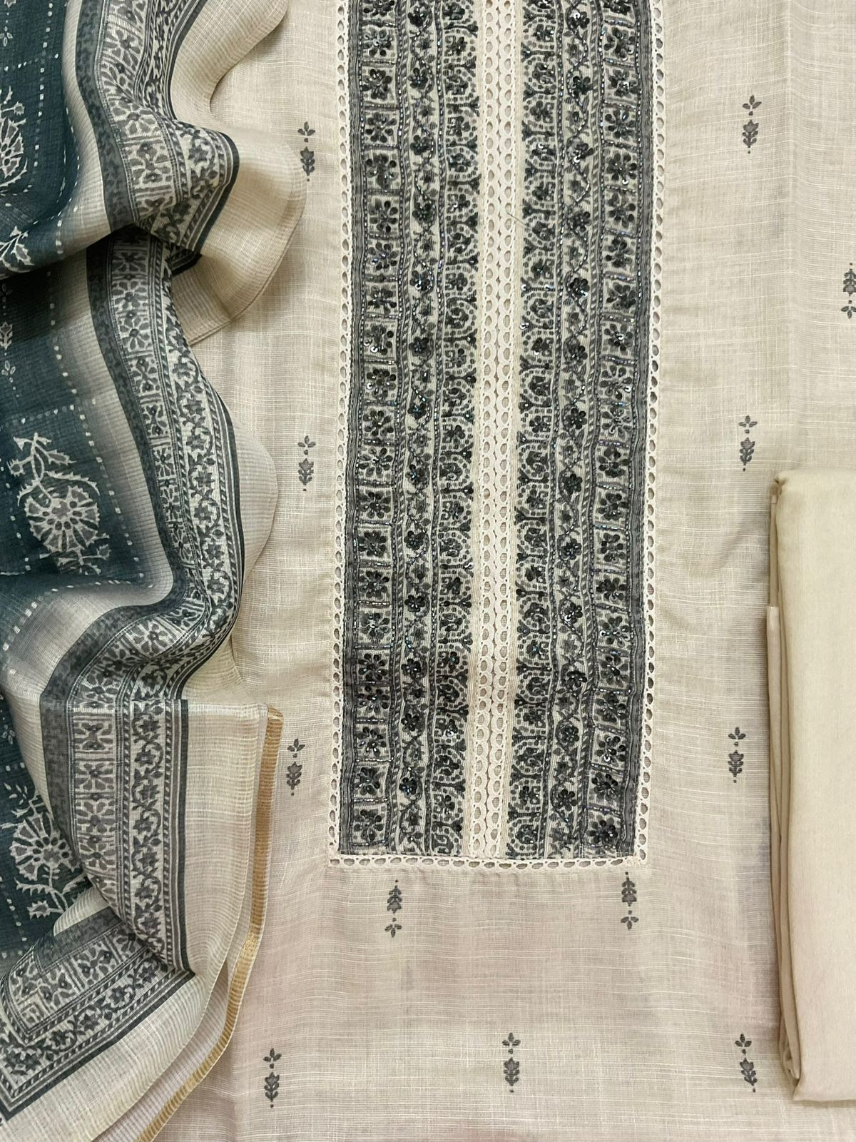 Soft Tissue Slub Cotton Printed Embroidered Suit - Beige