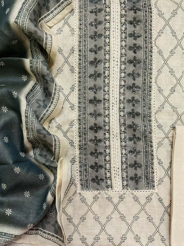 Image of Soft Tissue Slub Cotton Printed Embroidered Suit - Beige