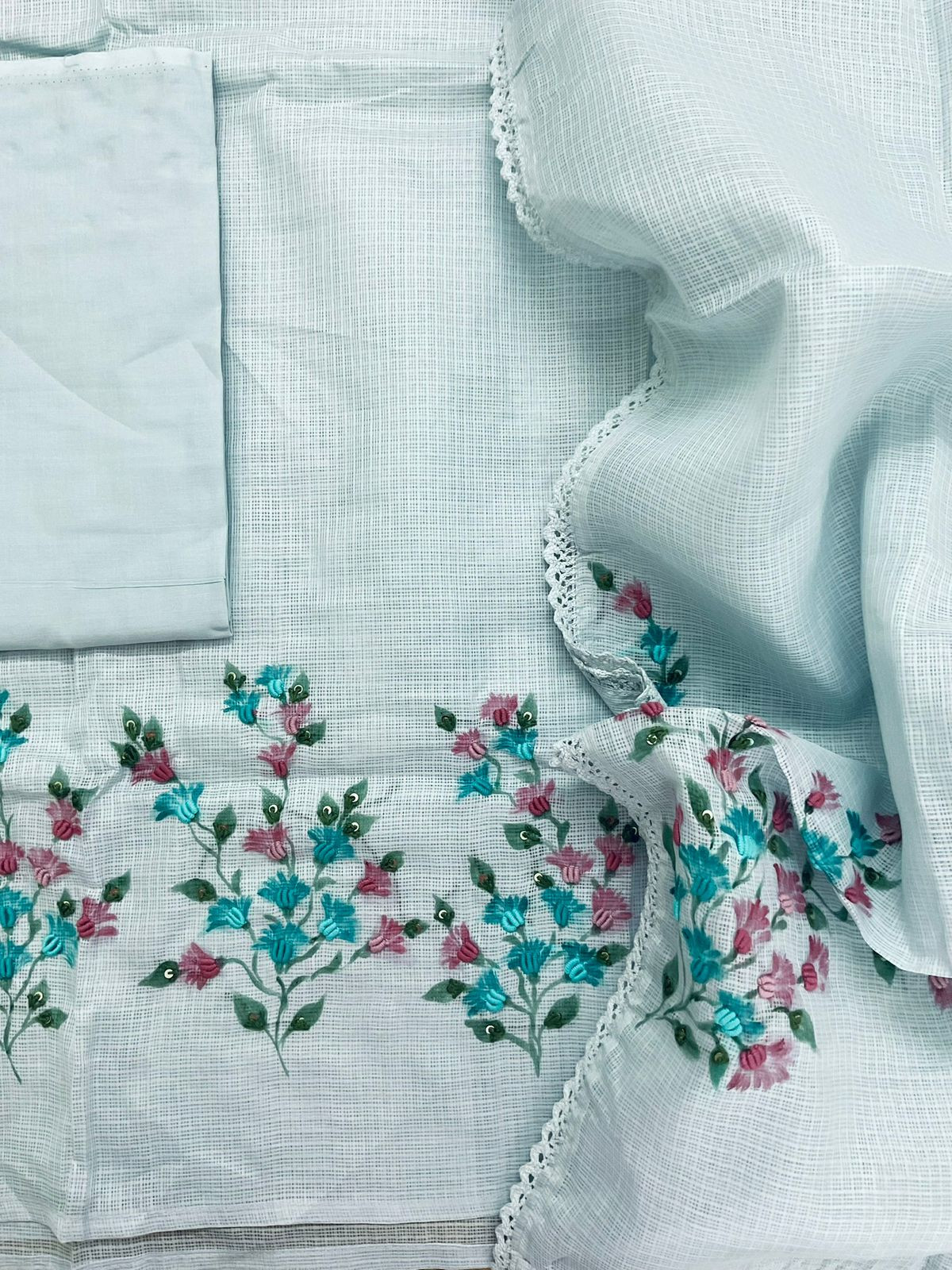 Soft Kota Silk Printed Embroidered Suit - Blue