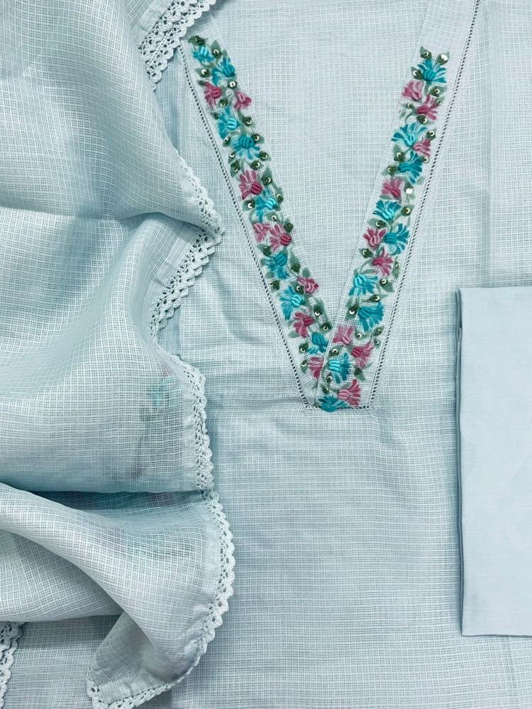 Image of Soft Kota Silk Printed Embroidered Suit - Blue