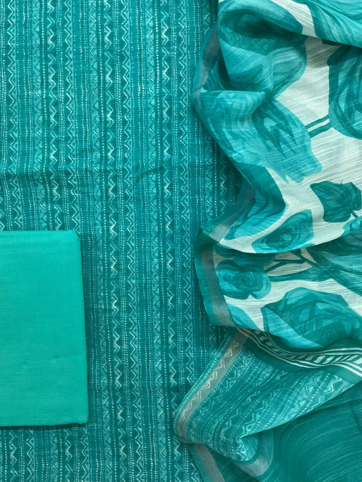 Soft Fine Slub Chanderi Printed Suit - Bluish Green