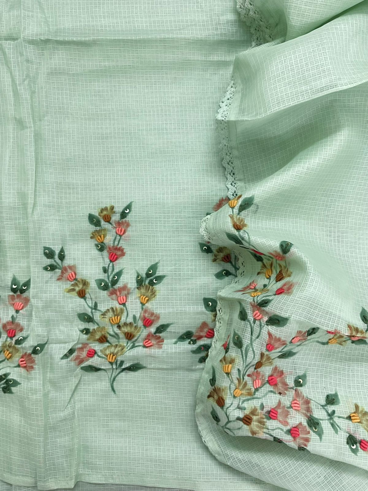 Soft Kota Silk Printed Embroidered Suit - Green