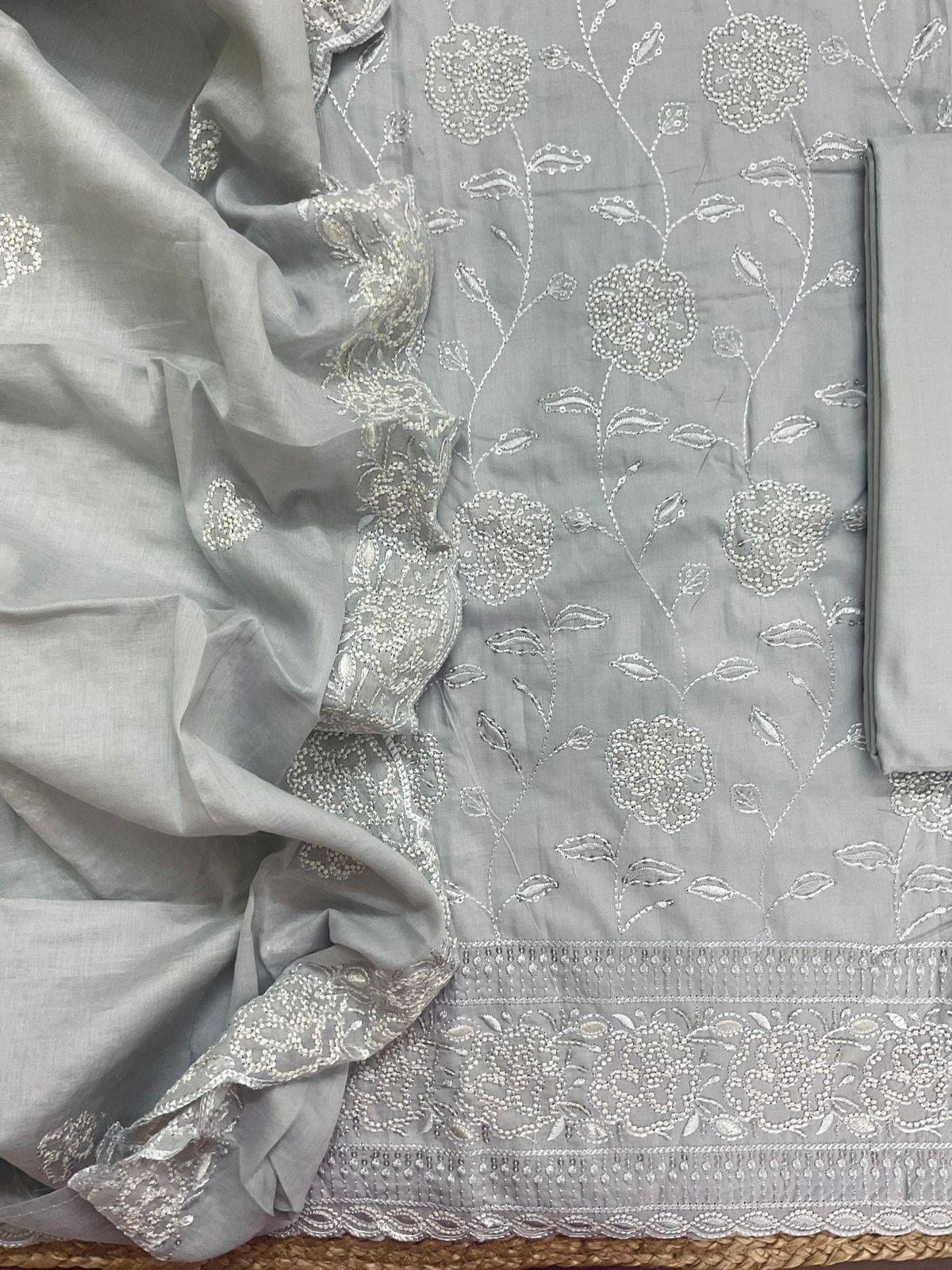 Pure Cotton Embroidered Suit - Grey