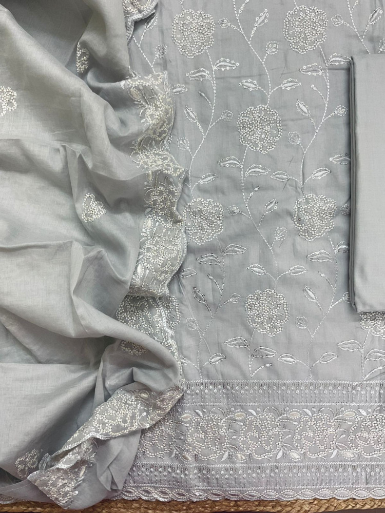 Image of Pure Cotton Embroidered Suit - Grey