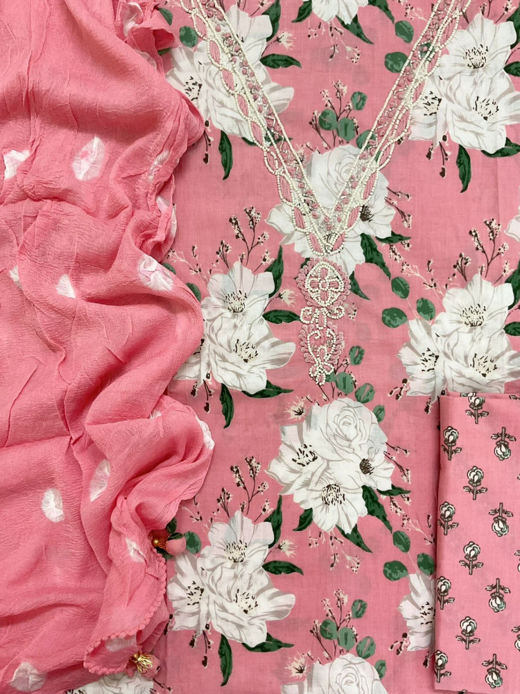 Image of Pure Mul Cotton Printed Embroidered Suit - Pink