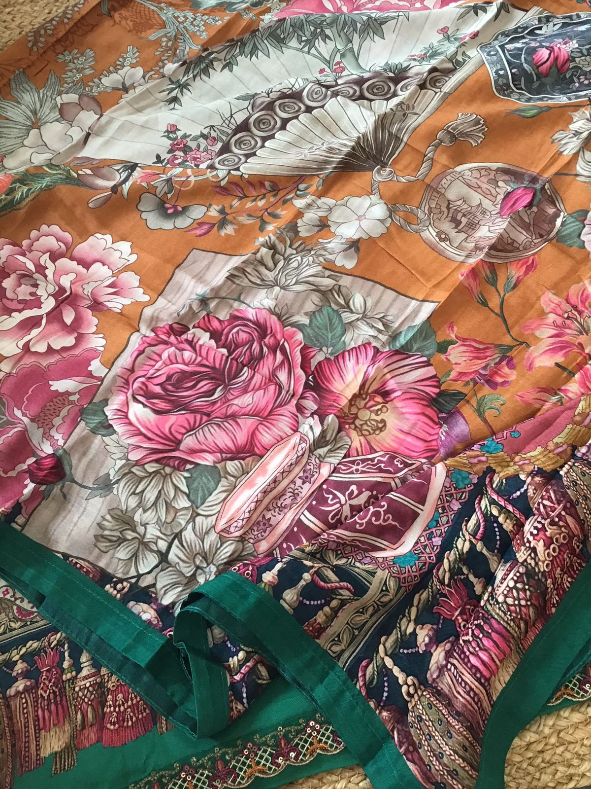 Soft Woollen Slub Silk Printed Embroidered Suit - Green