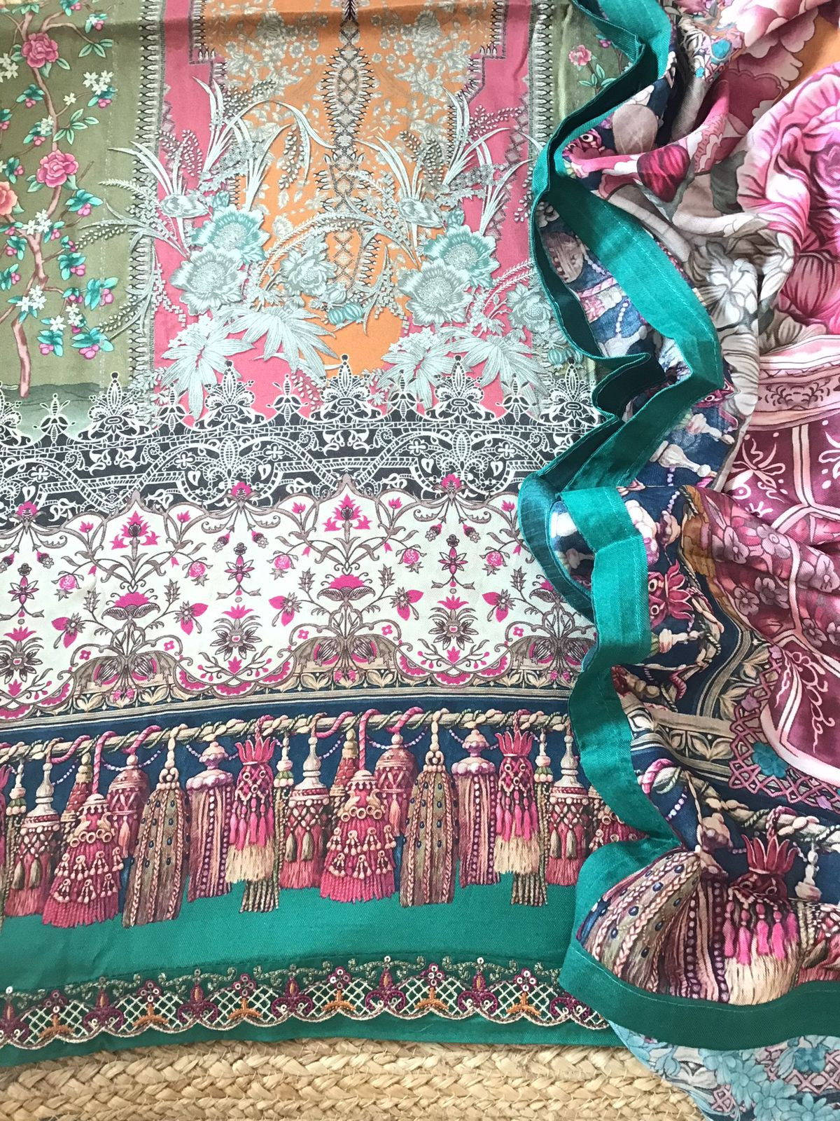 Soft Woollen Slub Silk Printed Embroidered Suit - Green