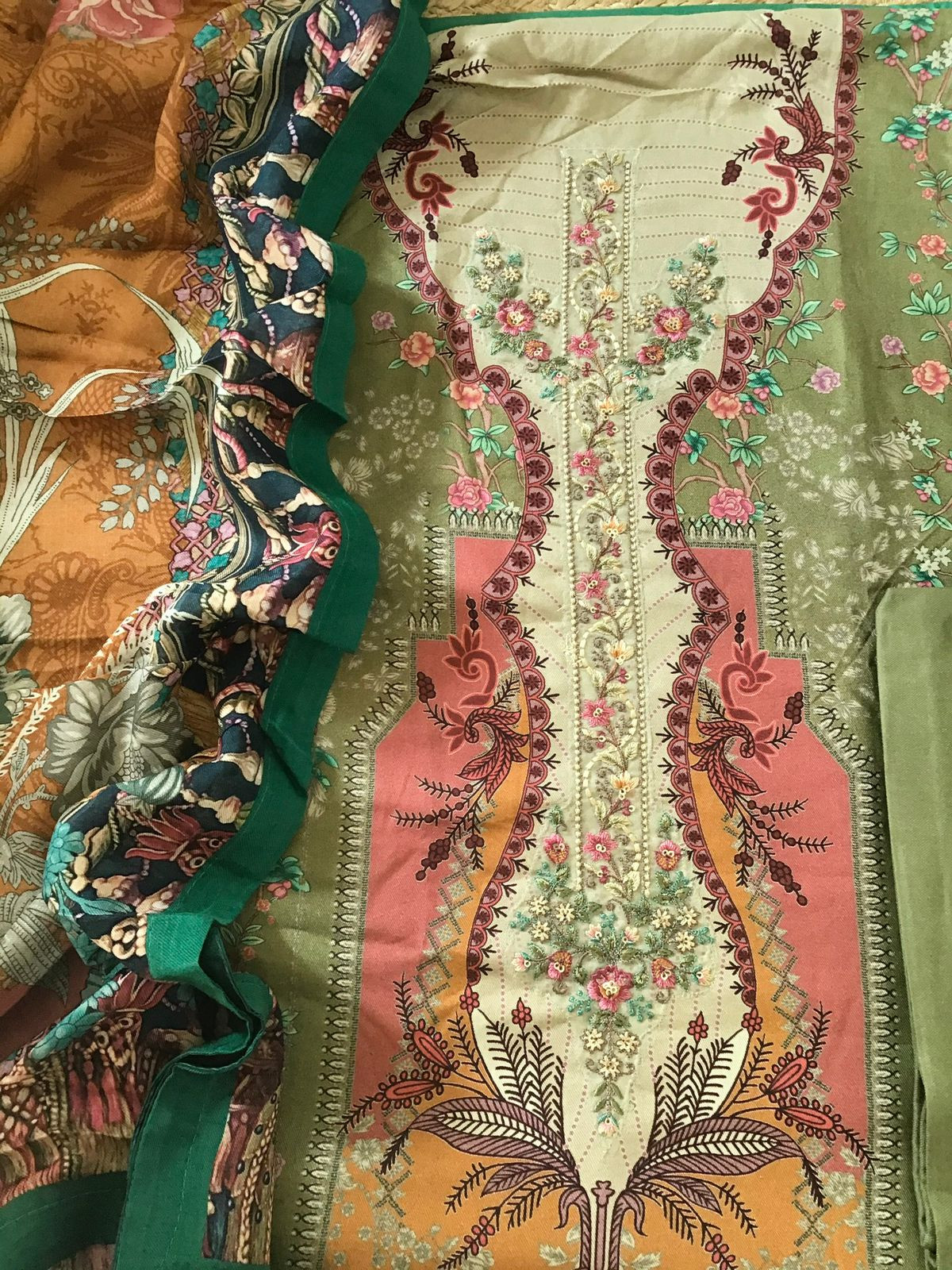 Soft Woollen Slub Silk Printed Embroidered Suit - Green