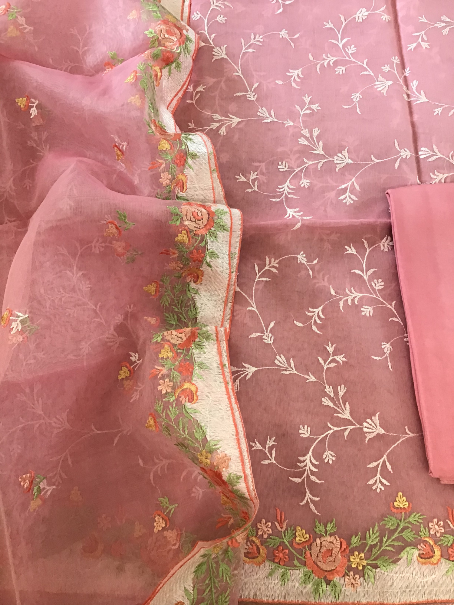 Soft Semi Organza Embroidered Suit - Pink