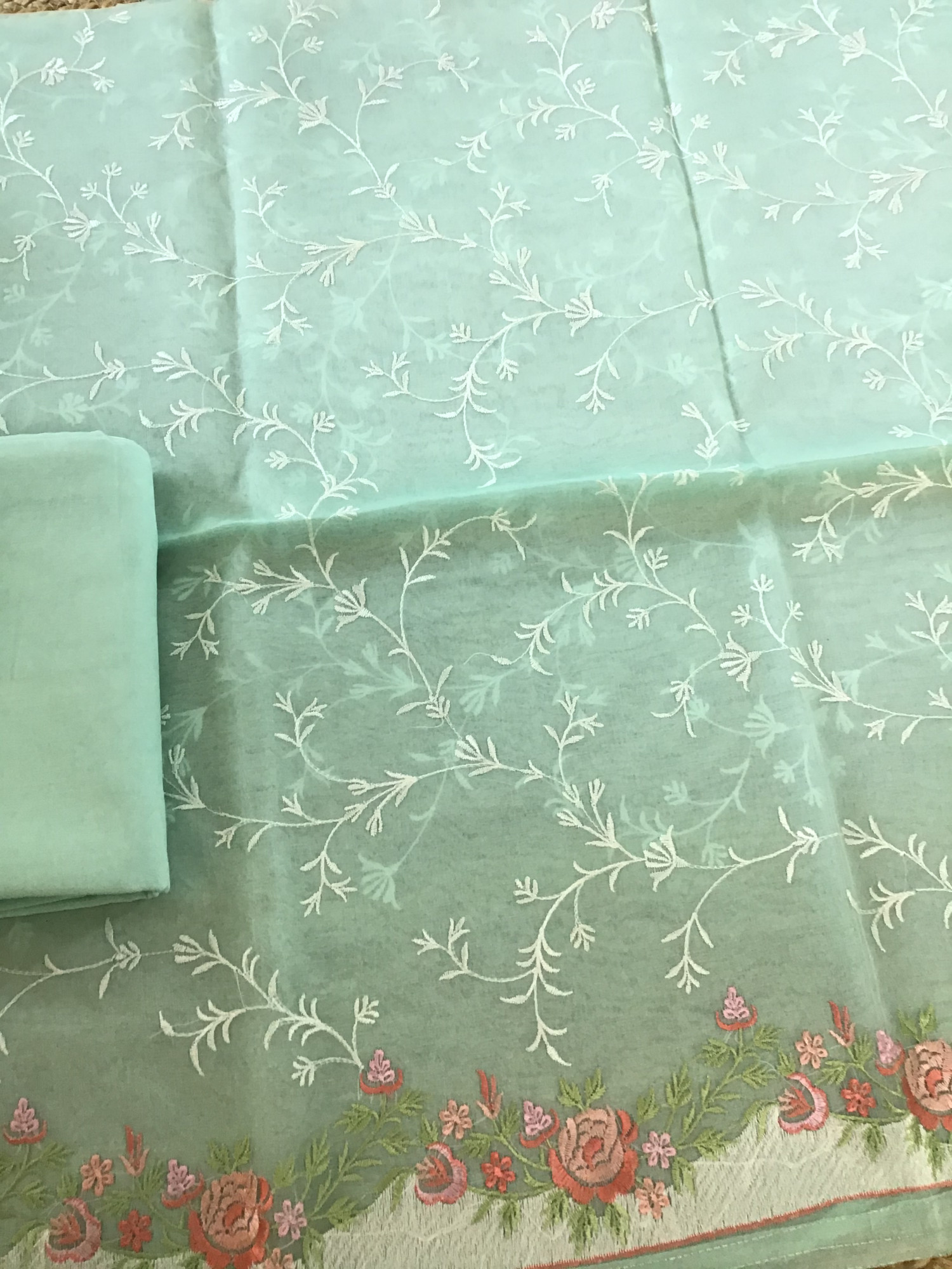 Soft Semi Organza Embroidered Suit - Green