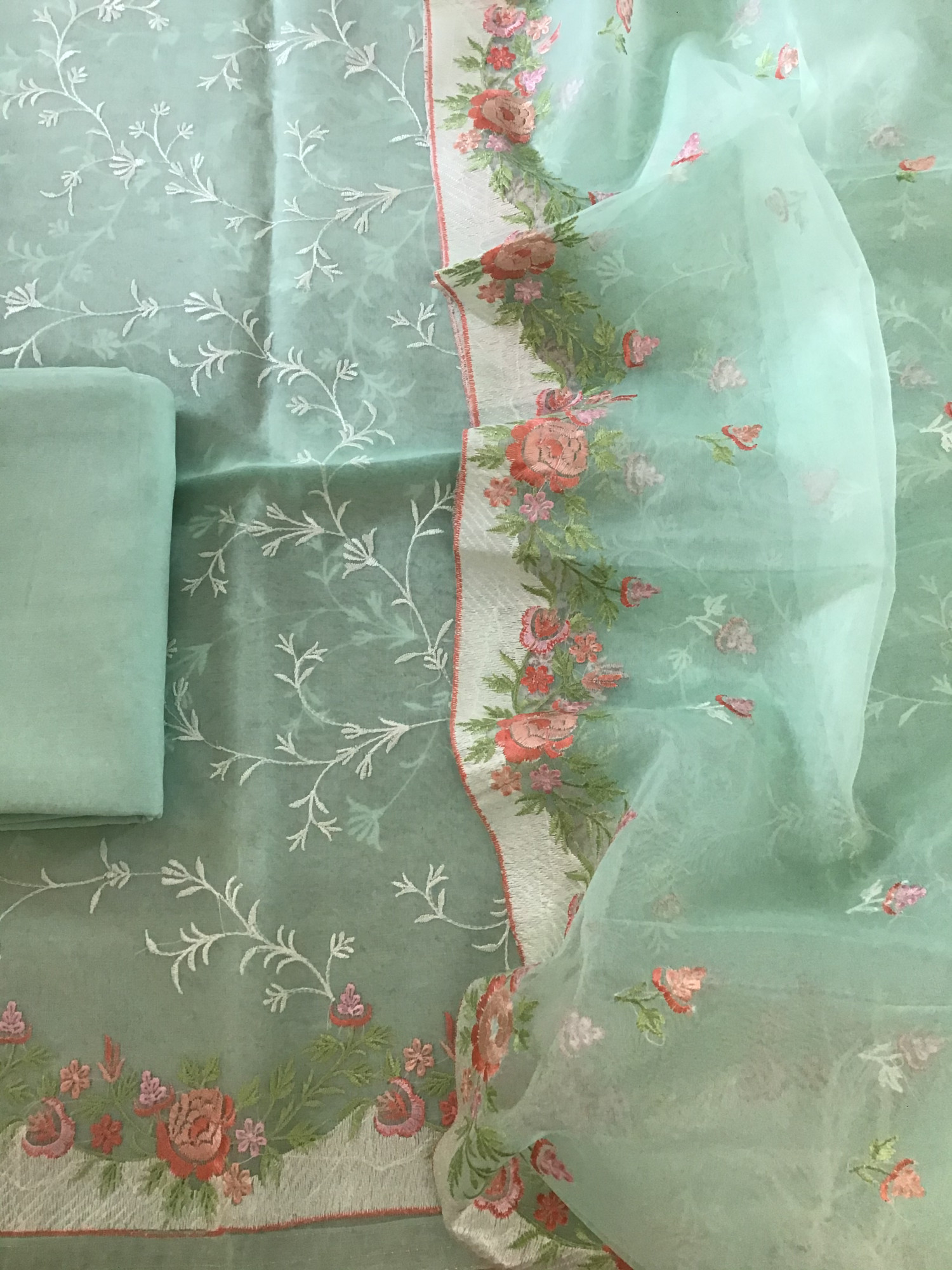 Soft Semi Organza Embroidered Suit - Green