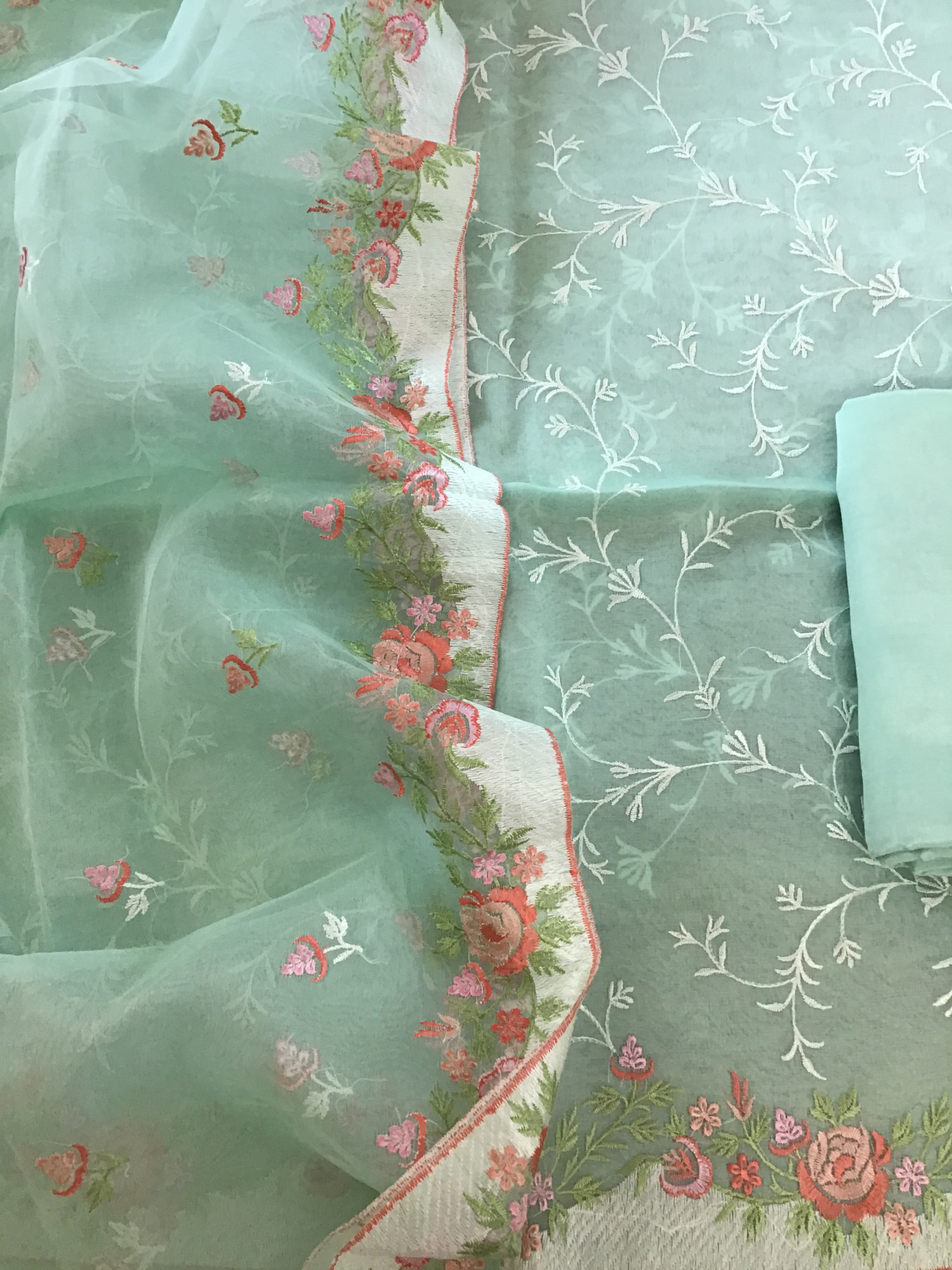 Soft Semi Organza Embroidered Suit - Green