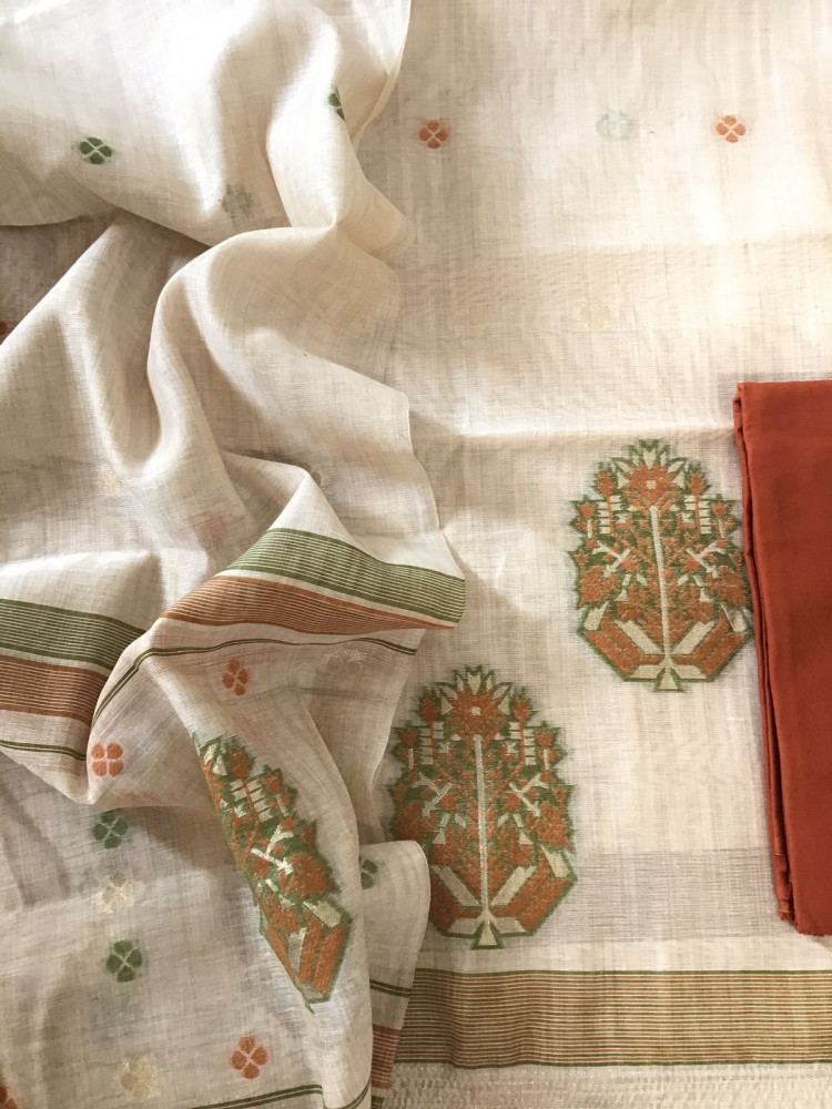 Image of Soft Slub Chanderi Jamdani Weaved Suit - Beige