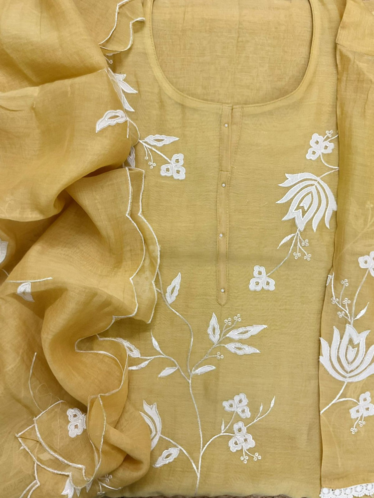 Image of Pure Mul Chanderi Embroidered Suit - Yellow