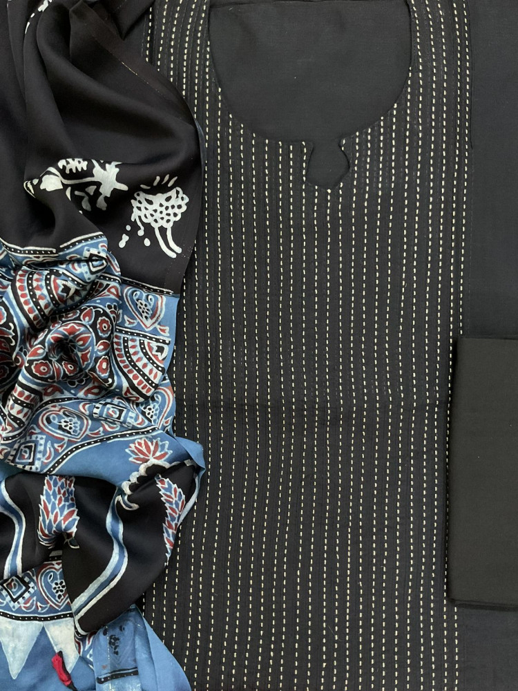 Image of Pure Cotton Silk Printed Embroidered Suit - Black