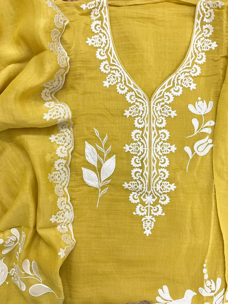 Image of Pure Mul Chanderi Embroidered Suit - Yellow