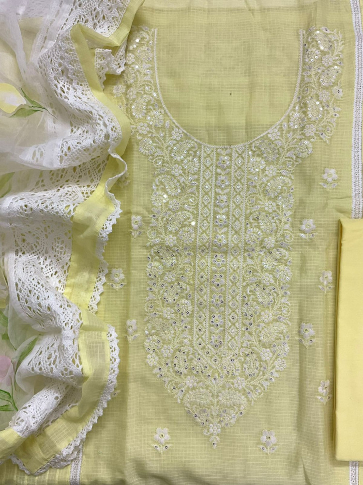 Image of Soft Kota Cotton Printed Embroidered Suit - Yellow