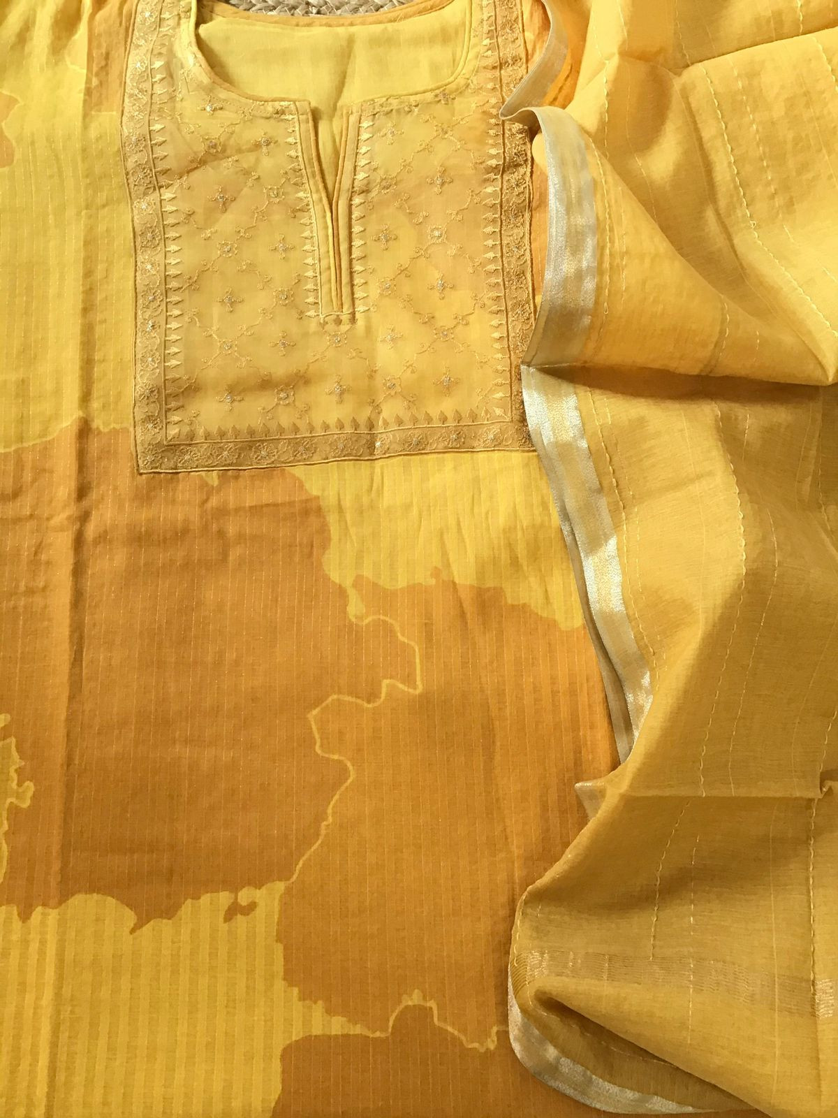 Pure Maheshwari Cotton Self Weaved Printed Embroidered Suit - Yellow