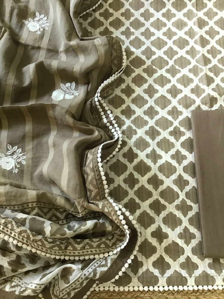 Image of Pure Self Weaved Cotton Printed Embroidered Suit - Brown