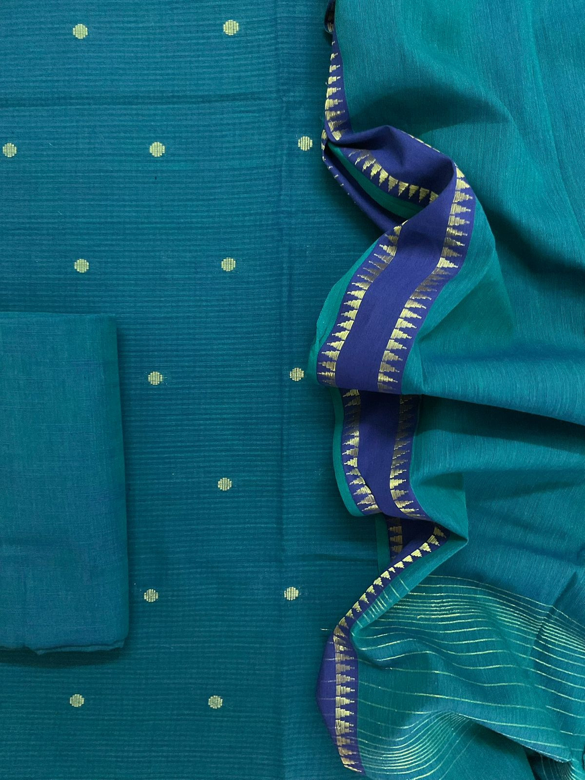Pure Handloom Cotton Self Weaved Suit - Peacock Blue