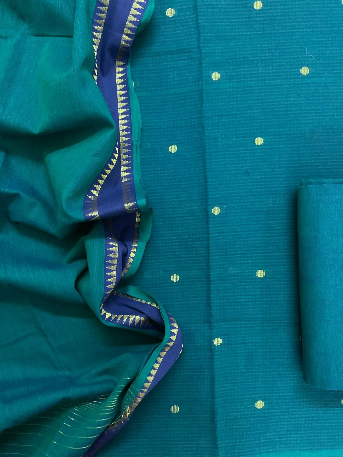 Pure Handloom Cotton Self Weaved Suit - Peacock Blue