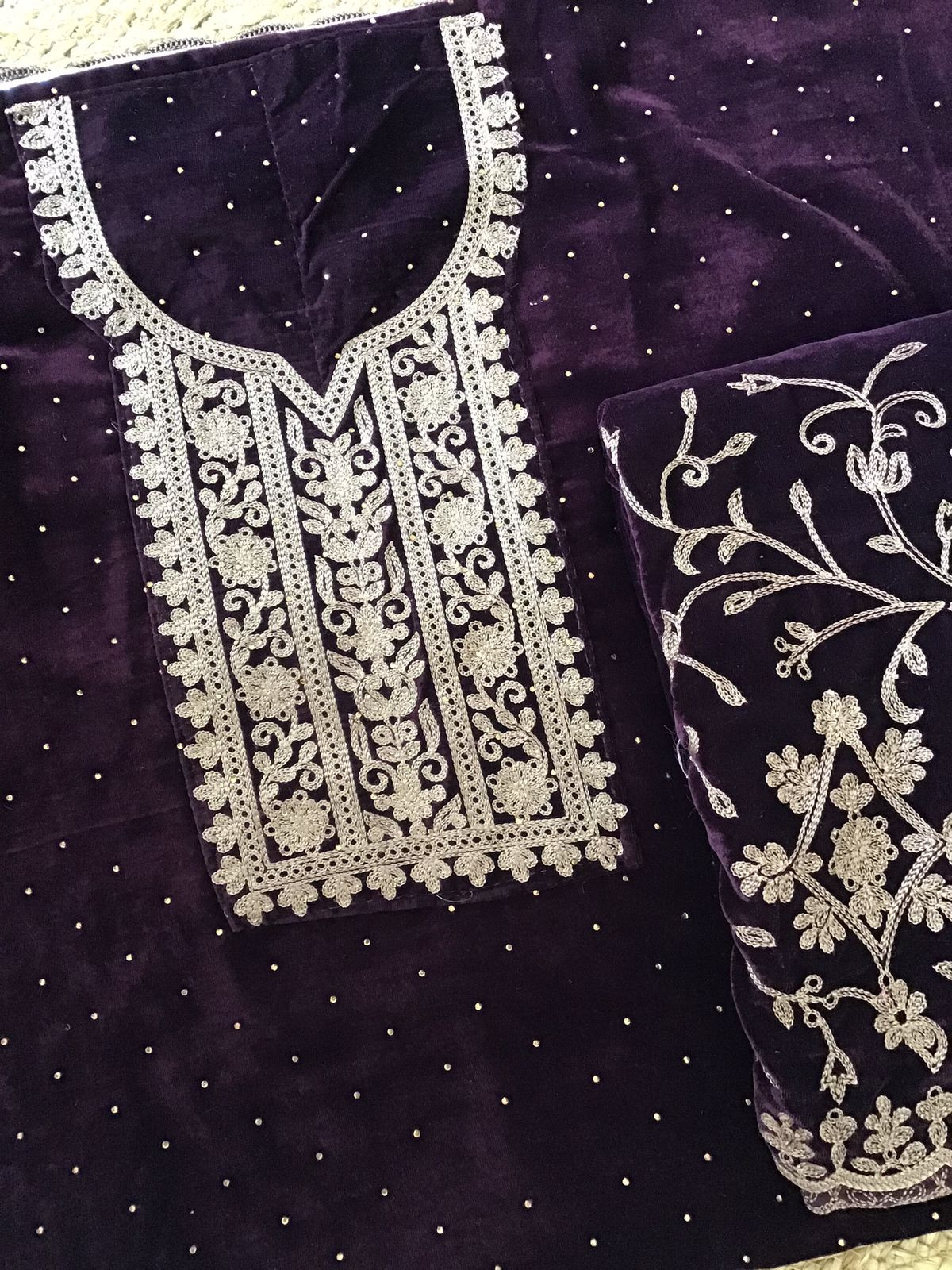 Soft Fine Heavy Velvet Embroidered Suit - Wine