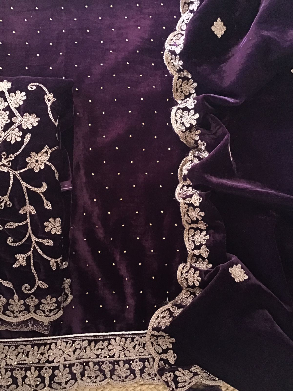 Soft Fine Heavy Velvet Embroidered Suit - Wine