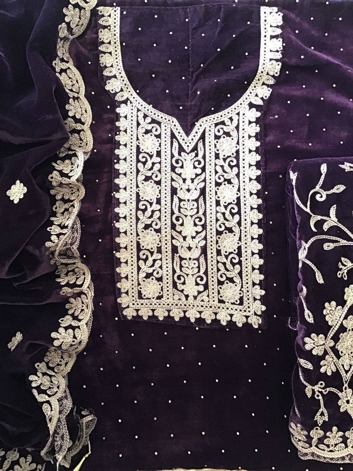 Soft Fine Heavy Velvet Embroidered Suit - Wine