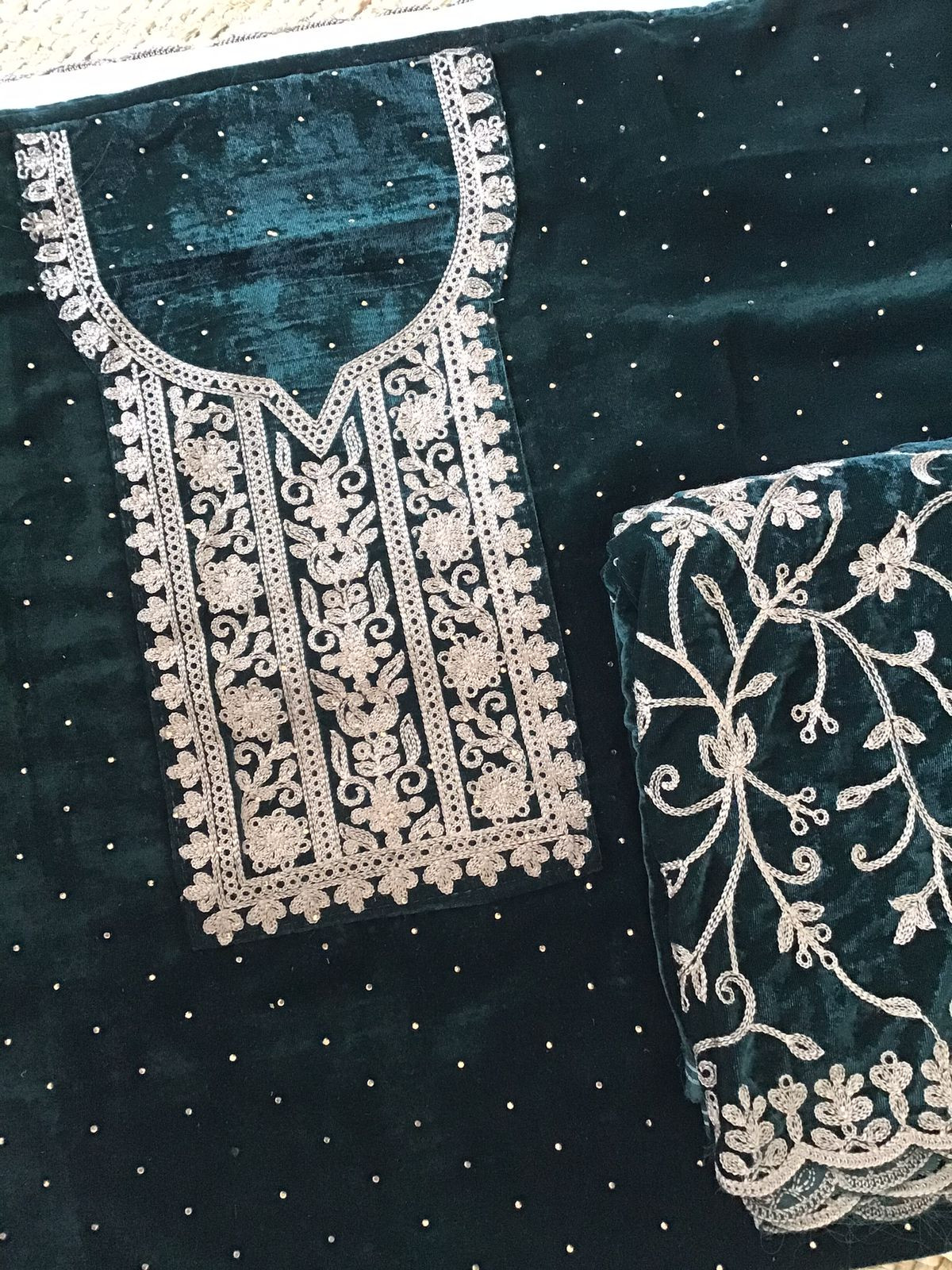 Soft Fine Heavy Velvet Embroidered Suit - Green