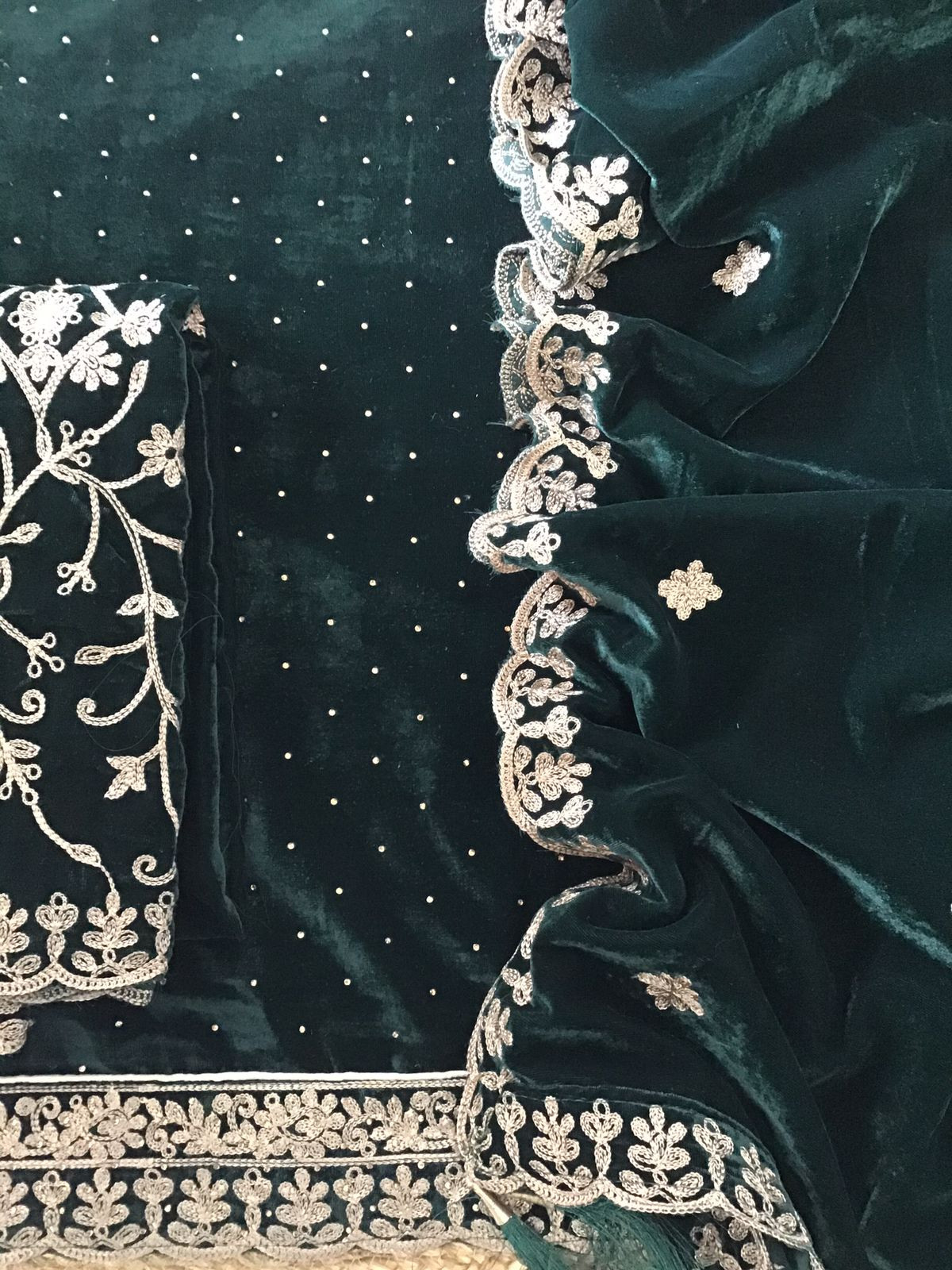 Soft Fine Heavy Velvet Embroidered Suit - Green