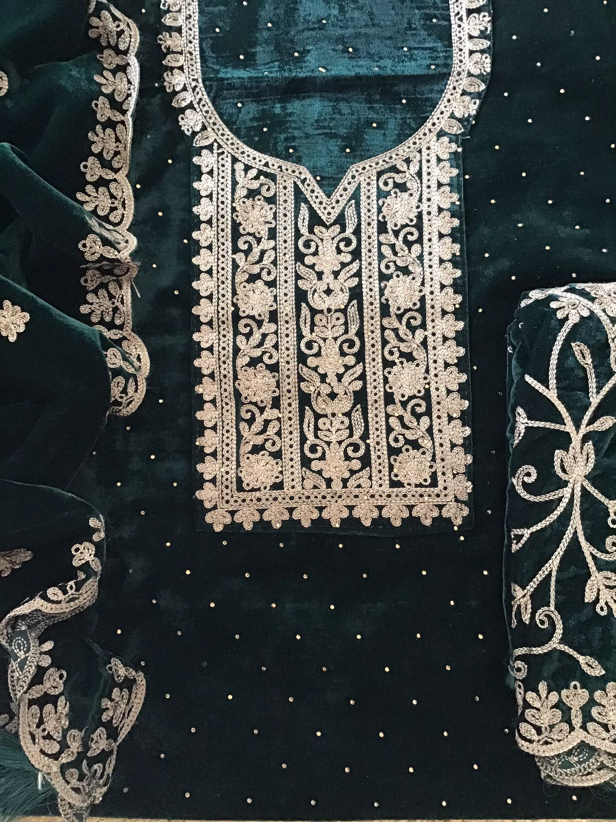 Soft Fine Heavy Velvet Embroidered Suit - Green