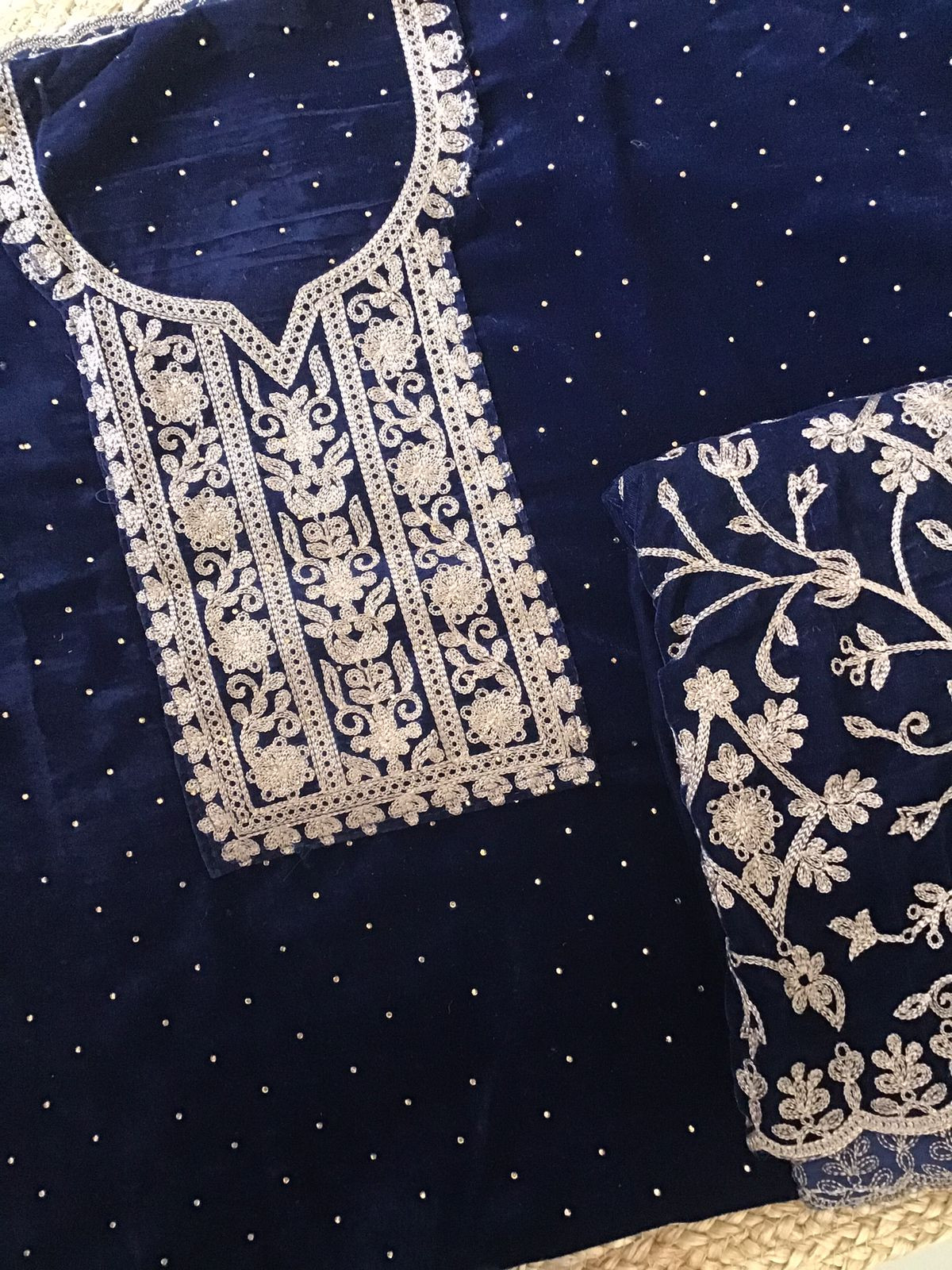 Soft Fine Heavy Velvet Embroidered Suit - Blue