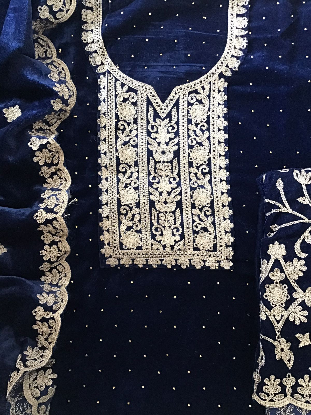 Soft Fine Heavy Velvet Embroidered Suit - Blue