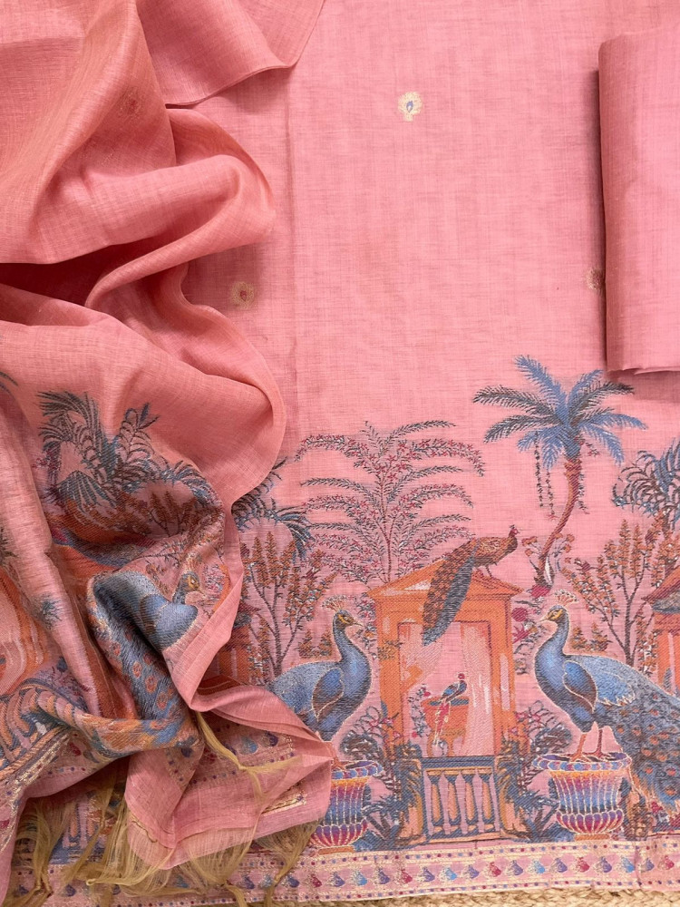 Image of Soft Slub Chanderi Jamdani Weaved Suit - Pink