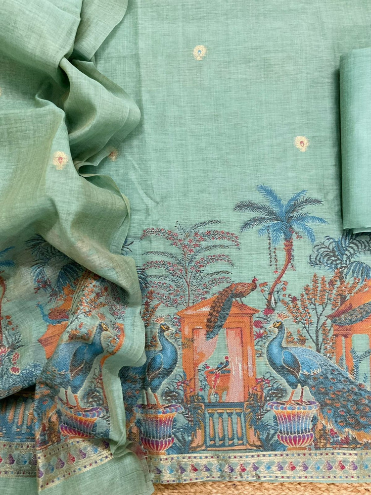 Image of Soft Slub Chanderi Jamdani Weaved Suit - Blue