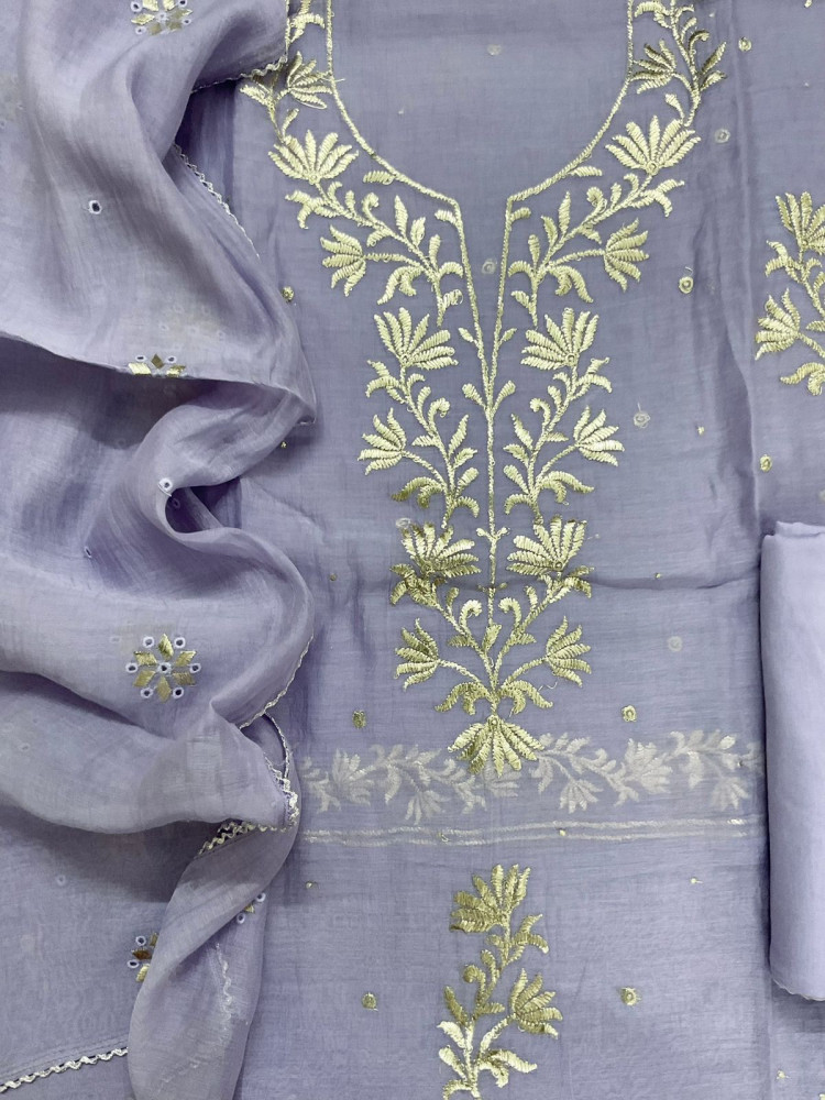 Image of Pure Mul Chanderi Embroidered Suit - Lavender