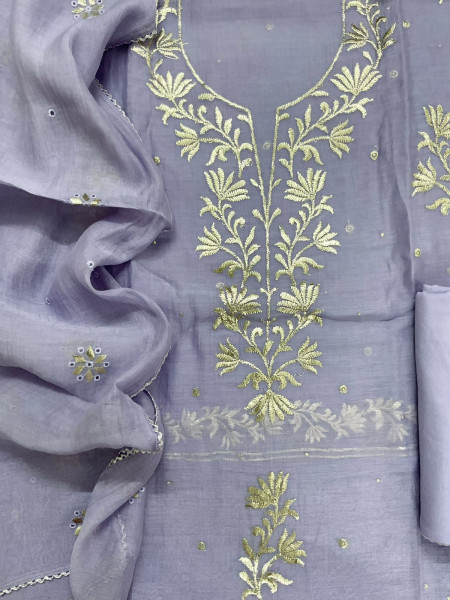 Image of Pure Mul Chanderi Embroidered Suit - Lavender