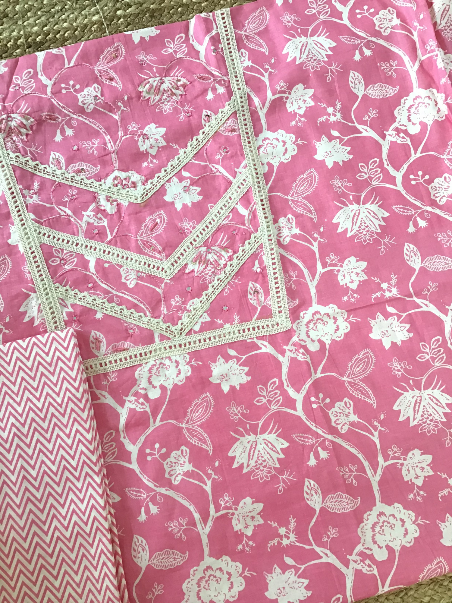 Pure Cotton Printed Embroidered Suit - Pink